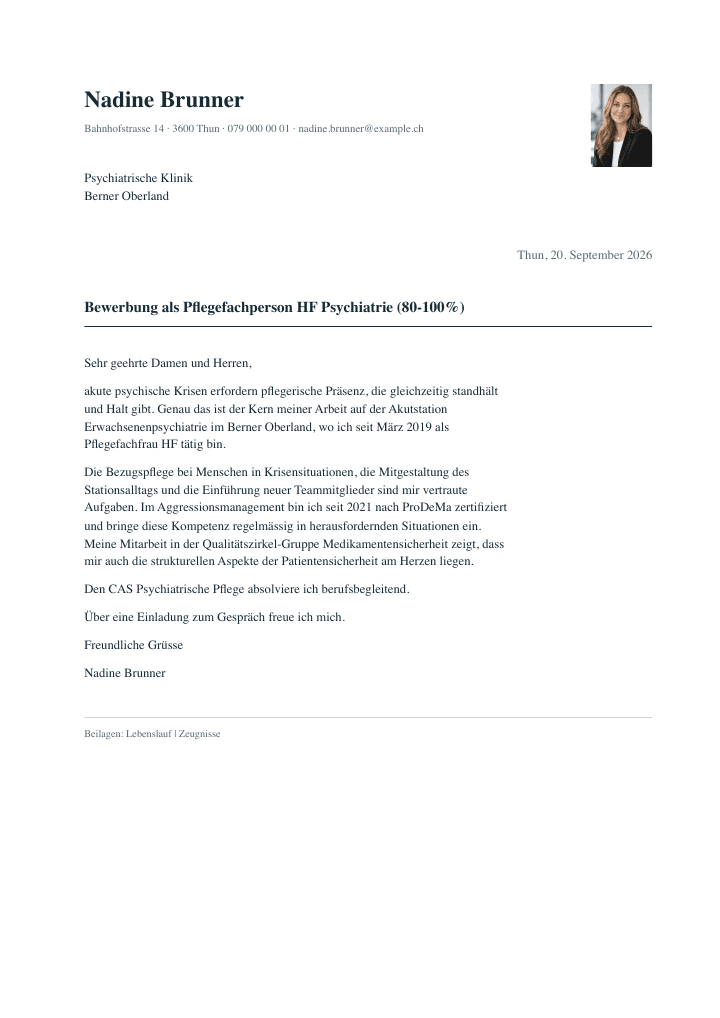 Erste Seite des Beispiel-Dossiers Pflegefachperson HF Psychiatrie