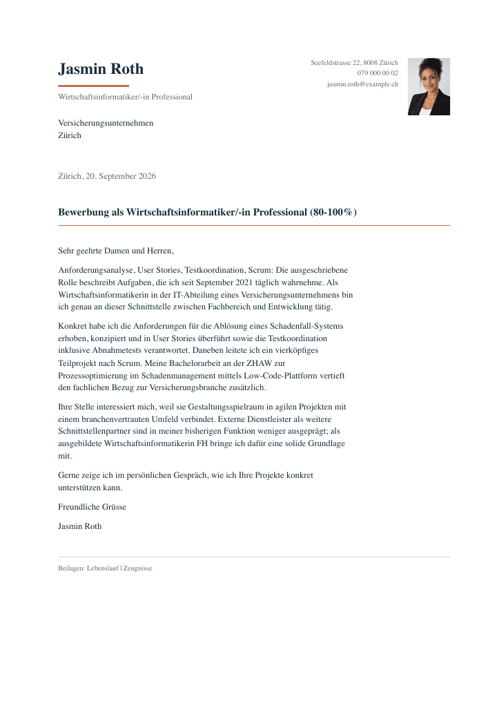 Erste Seite des Beispiel-Dossiers Wirtschaftsinformatikerin FH